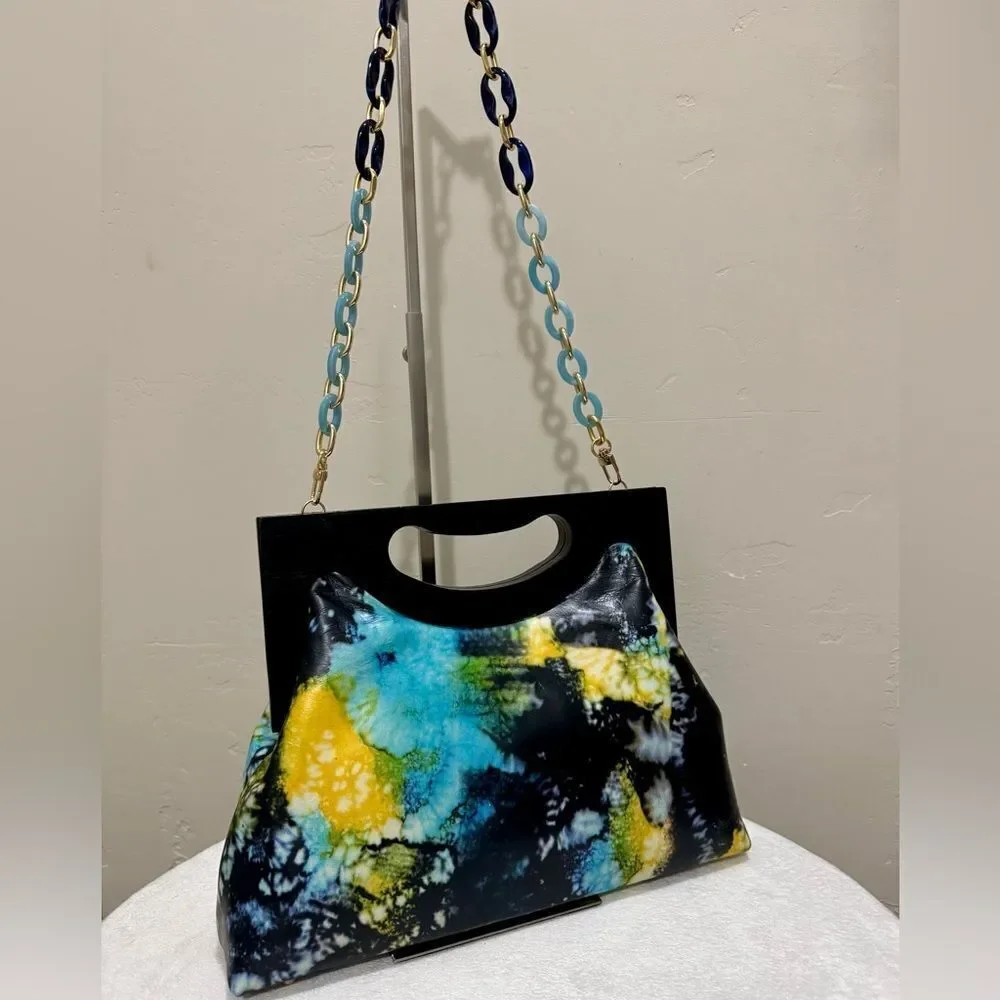 Unique Cowhide Leather Tie-dye Print Handmade Wooden Frame Top Handle Bag